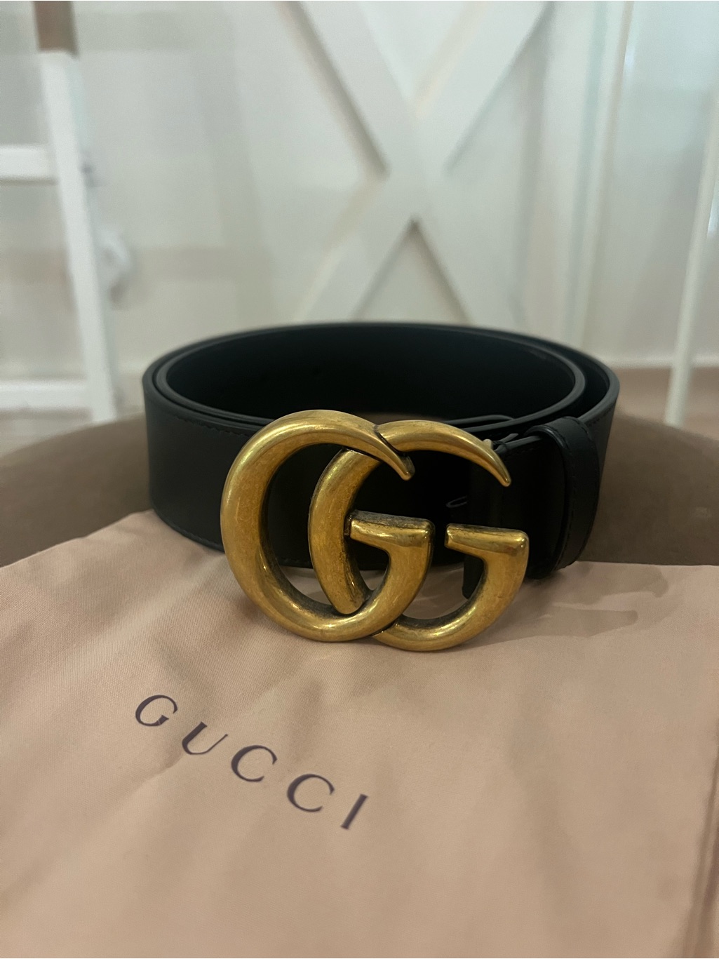 Gucci Gg Marmont Black Gold Buckle Wide Belt Size 80